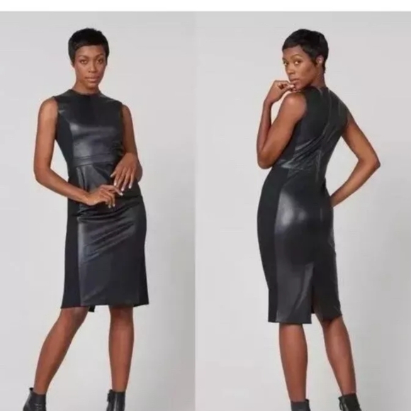 SPANX Dresses & Skirts - SPANX Women's Black Leather Like Sleeveless Mixed Media Sheath Dress Size XL